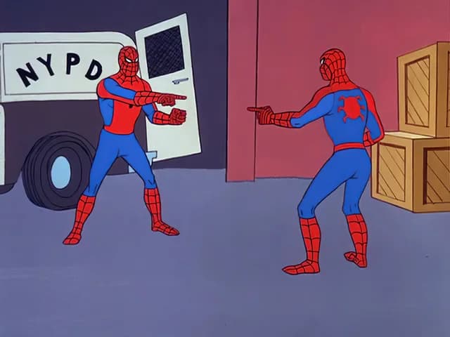 Spidermen pointing at eachother